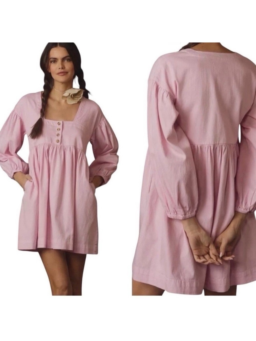 Anthropologie long sleeve pink denim babydoll dress